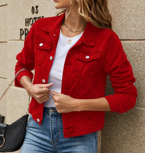 Women's Solid Color Fashion Slim Lapel Denim Jacket - PratSN