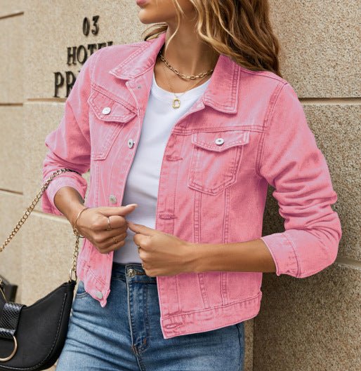 Women's Solid Color Fashion Slim Lapel Denim Jacket - PratSN