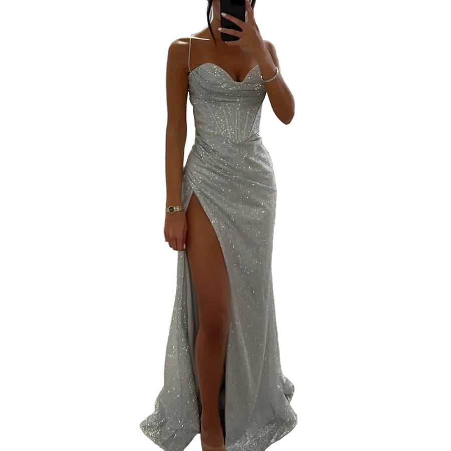 Women's Split Suspender Dress Summer Fashion Evening Party Slim V - neck Long Dresses - PratSN