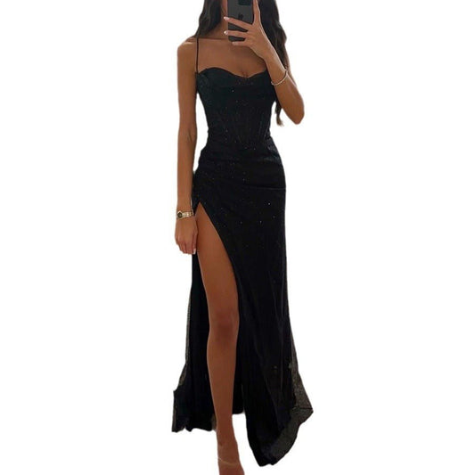Women's Split Suspender Dress Summer Fashion Evening Party Slim V - neck Long Dresses - PratSN