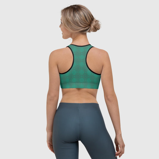 Women's sports bra, Cut & sew sublimation bra, Green color bra, Geometric pattern fitness dress - PratSN