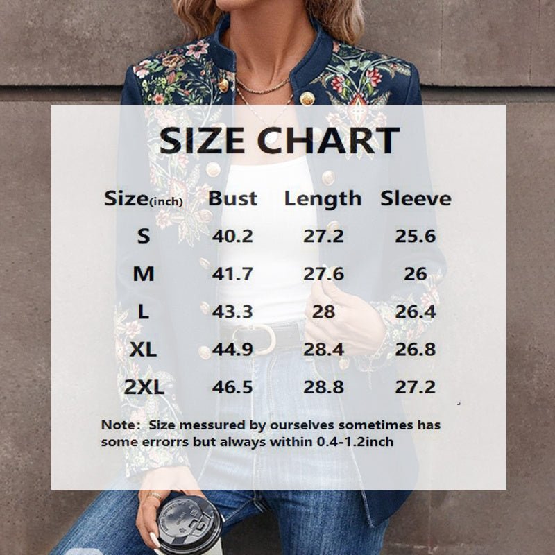 Women's Stand Collar Solid Color Floral Print Blazer Fashion Double - Breasted Fall & Winter Jacket - PratSN