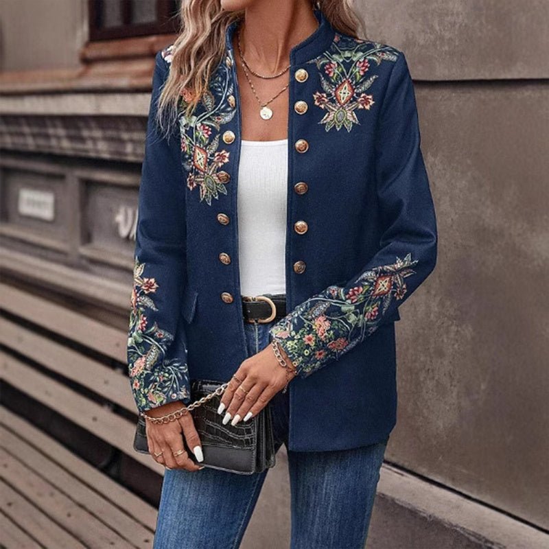 Women's Stand Collar Solid Color Floral Print Blazer Fashion Double - Breasted Fall & Winter Jacket - PratSN