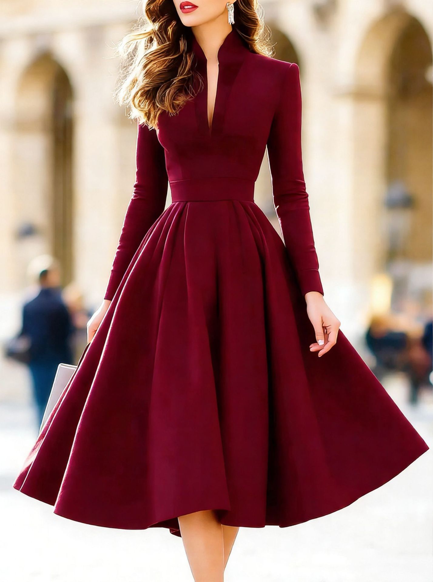 Women's Stylish And Elegant V - neck Satin Long - sleeve Dress With A Tie Waist - PratSN
