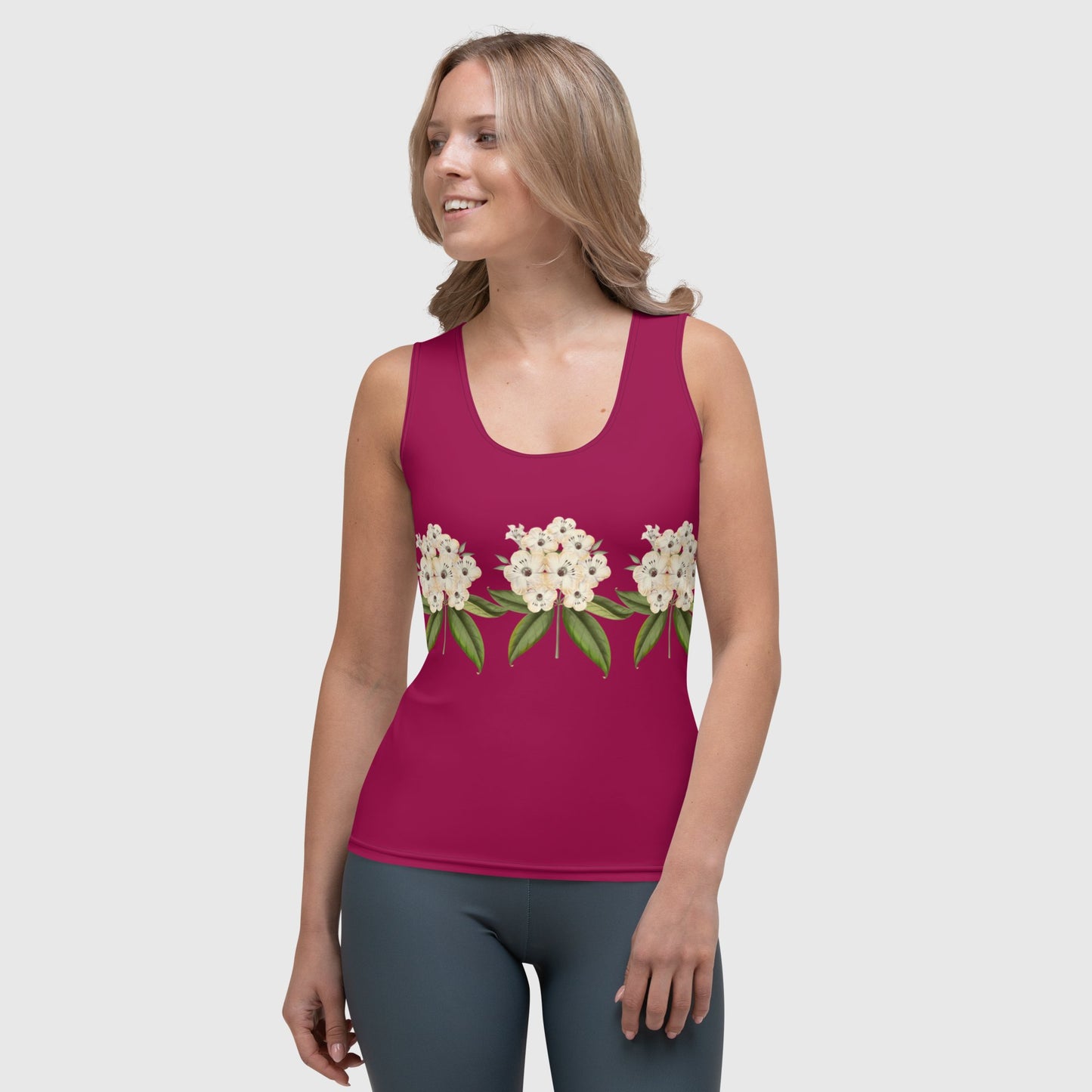 Women's sublimation cut & sew tank top, Burgundy tank top, Blooming pattern tank top, Hand sewn, tank top for summer and spring - PratSN