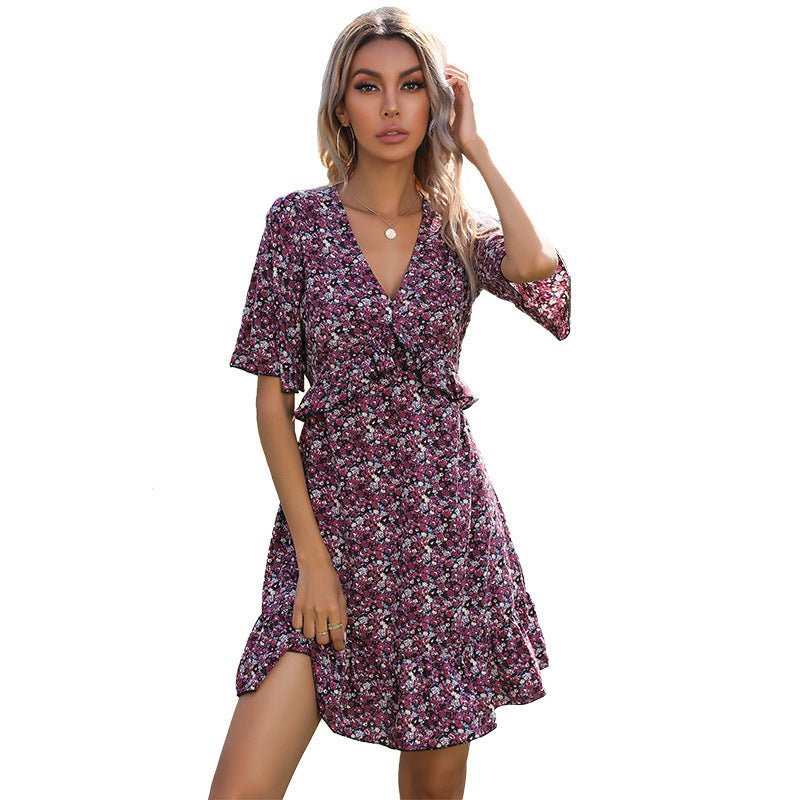 Women's Summer Floral Short Sleeve Back Ruffle Dress - PratSN