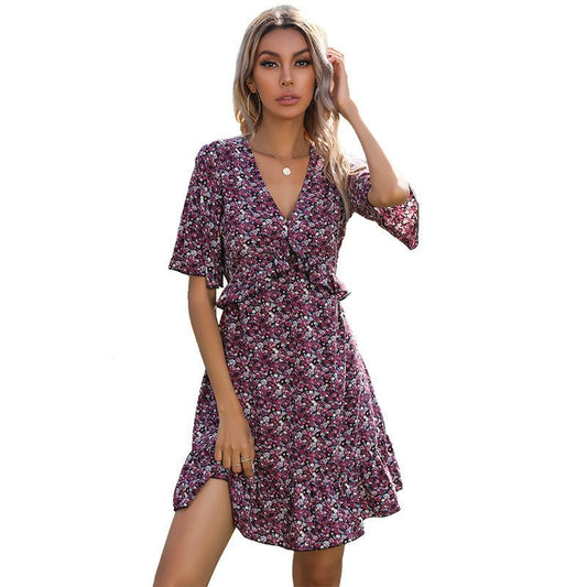 Women's Summer Floral Short Sleeve Back Ruffle Dress - PratSN