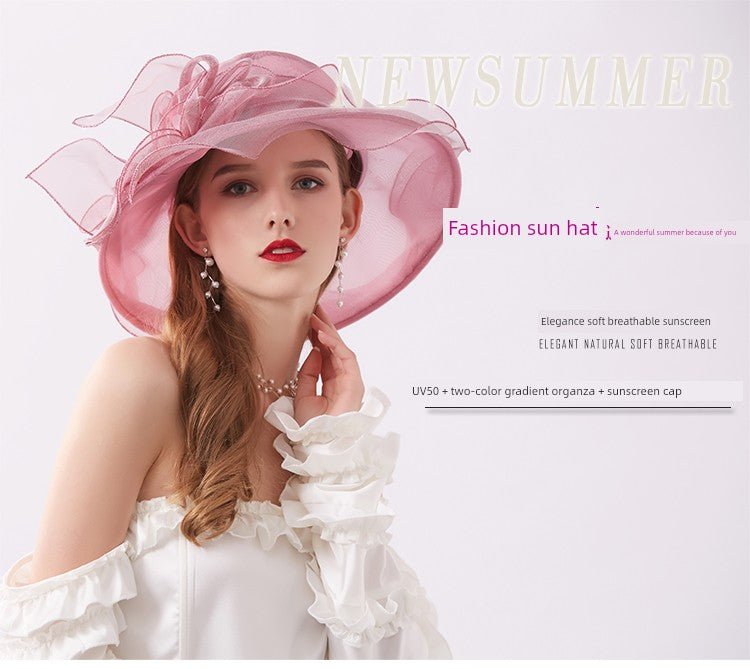 Women's Summer New Arrival Organza Sun Hat Lace Flower Mesh Sun Hat Outdoor Big Brim Foldable Beach Hat - PratSN