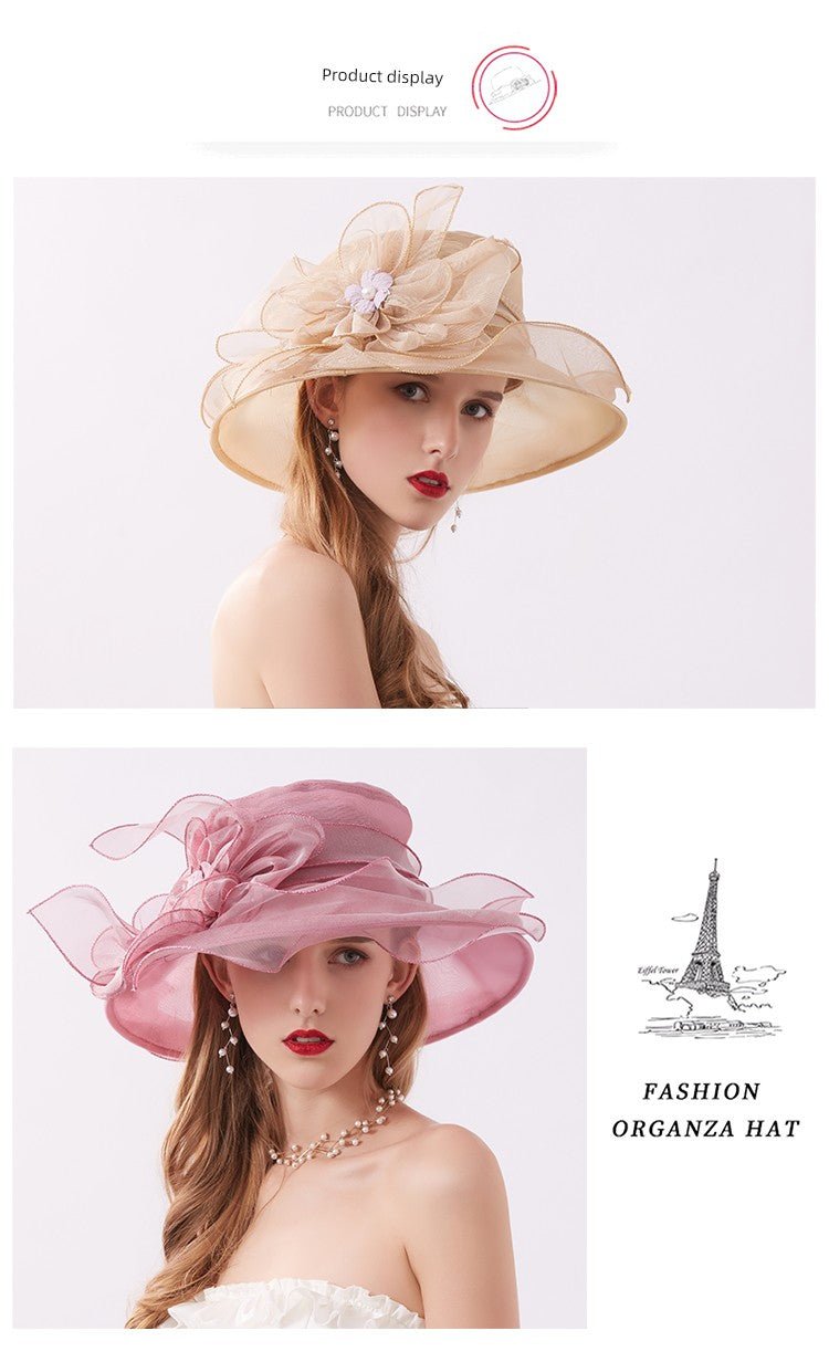 Women's Summer New Arrival Organza Sun Hat Lace Flower Mesh Sun Hat Outdoor Big Brim Foldable Beach Hat - PratSN
