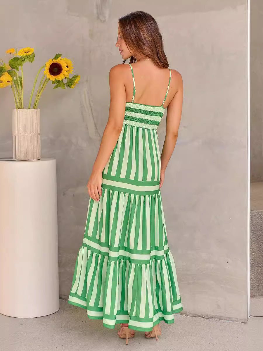 Women's Summer Striped Printed Suspender Long Dress With Pockets Square Neck Backless Dresses - PratSN