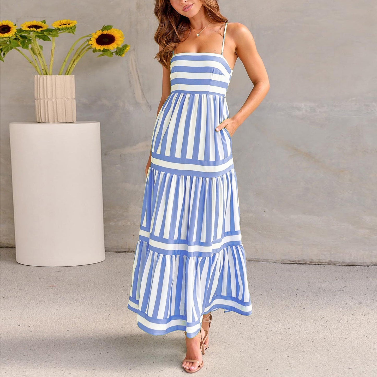 Women's Summer Striped Printed Suspender Long Dress With Pockets Square Neck Backless Dresses - PratSN