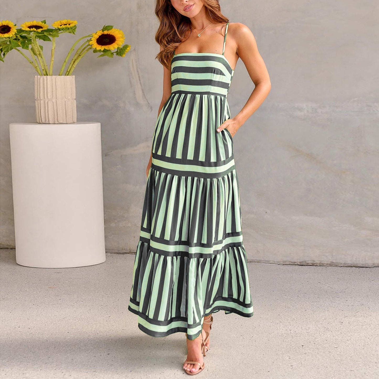 Women's Summer Striped Printed Suspender Long Dress With Pockets Square Neck Backless Dresses - PratSN