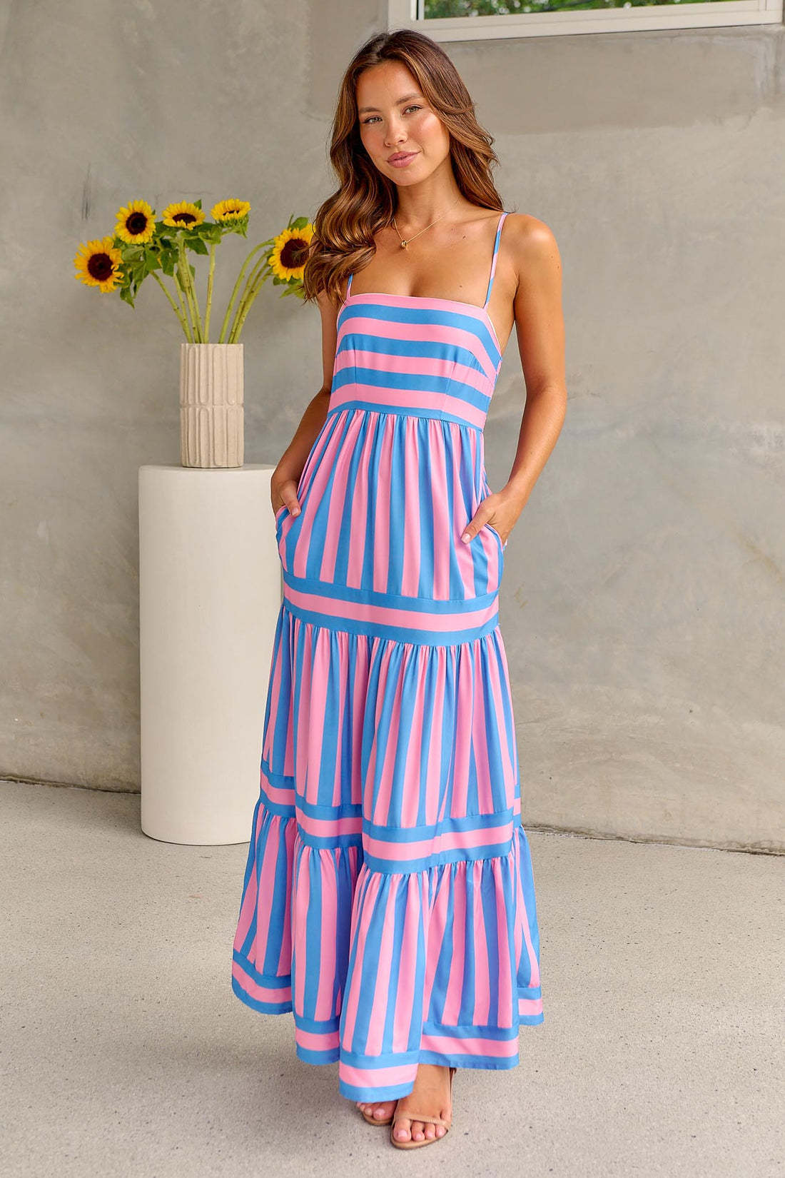 Women's Summer Striped Printed Suspender Long Dress With Pockets Square Neck Backless Dresses - PratSN