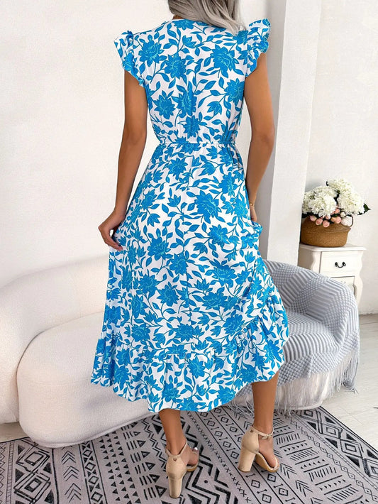 Women's Summer V - Neck Floral Print Wrap Waist Sleeveless Midi Beach Dress with Ruffles - PratSN
