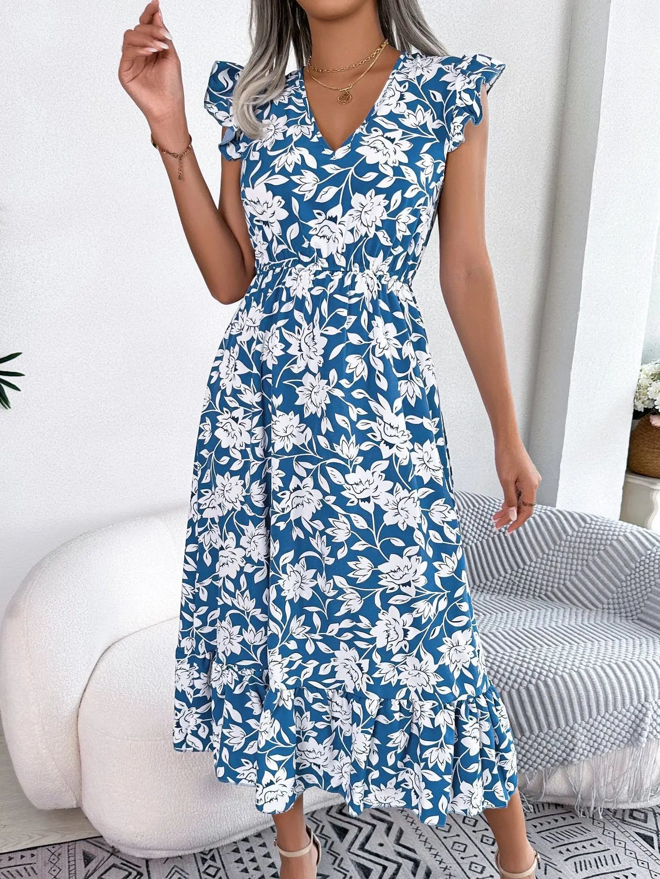 Women's Summer V - Neck Floral Print Wrap Waist Sleeveless Midi Beach Dress with Ruffles - PratSN