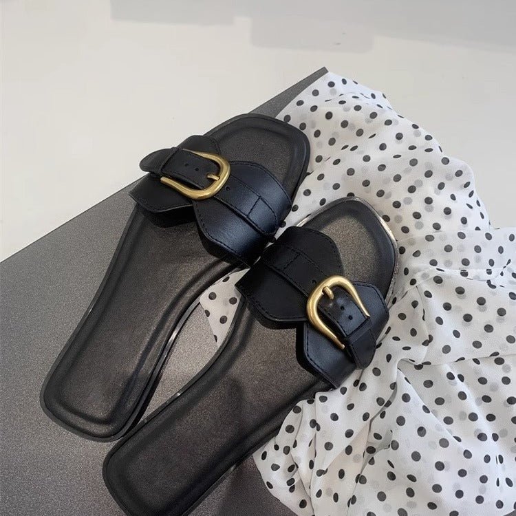 Women's Summer Wear Retro Buckle Sandals Lazy Casual Vacation French Flat Slippers - PratSN