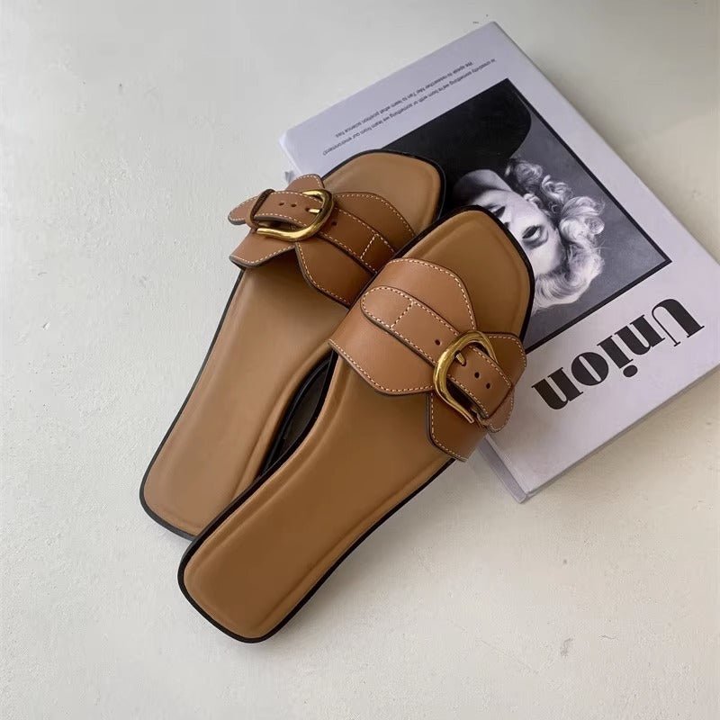 Women's Summer Wear Retro Buckle Sandals Lazy Casual Vacation French Flat Slippers - PratSN