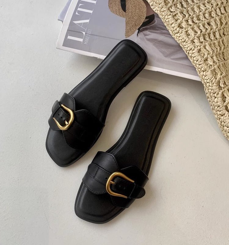 Women's Summer Wear Retro Buckle Sandals Lazy Casual Vacation French Flat Slippers - PratSN