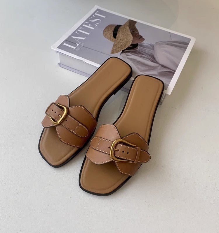 Women's Summer Wear Retro Buckle Sandals Lazy Casual Vacation French Flat Slippers - PratSN