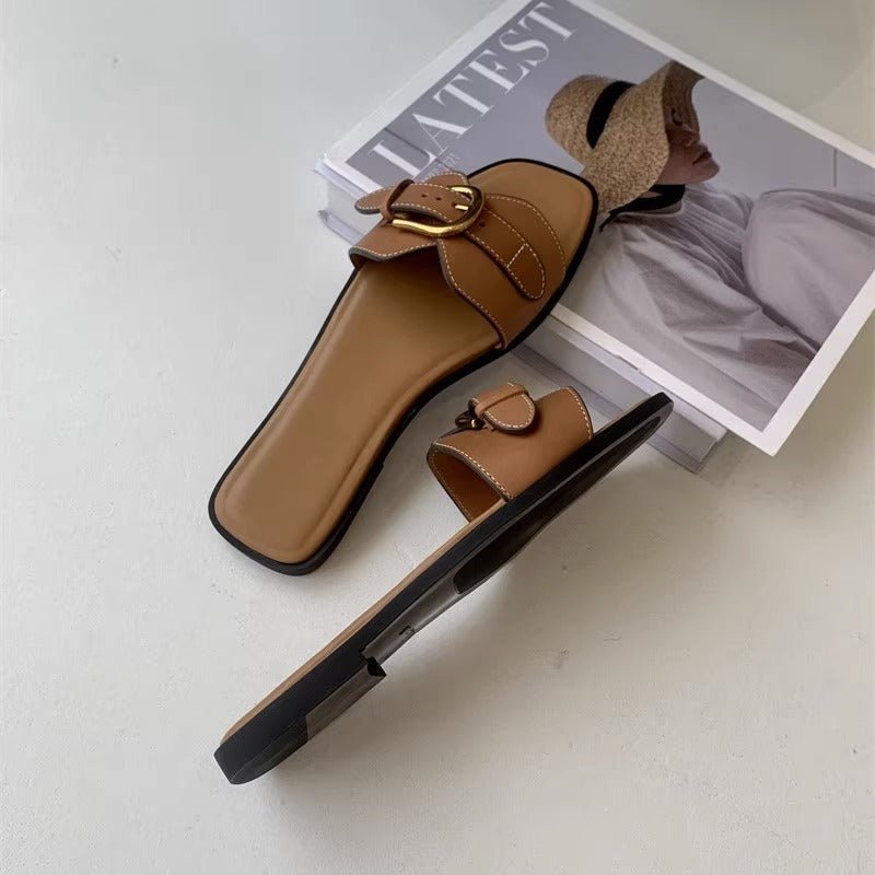 Women's Summer Wear Retro Buckle Sandals Lazy Casual Vacation French Flat Slippers - PratSN