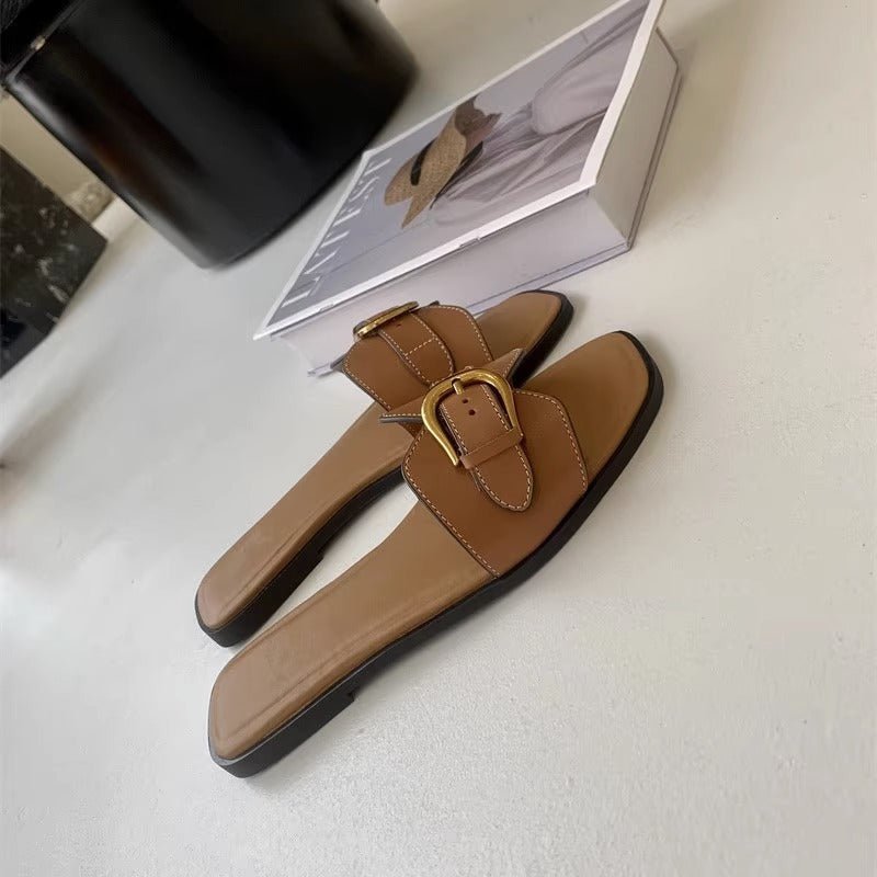 Women's Summer Wear Retro Buckle Sandals Lazy Casual Vacation French Flat Slippers - PratSN