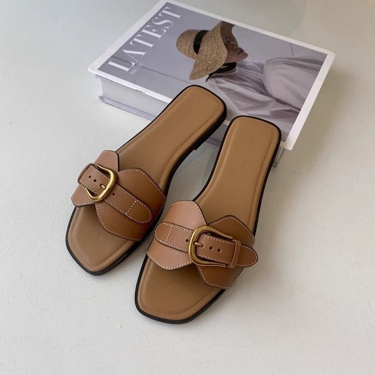 Women's Summer Wear Retro Buckle Sandals Lazy Casual Vacation French Flat Slippers - PratSN
