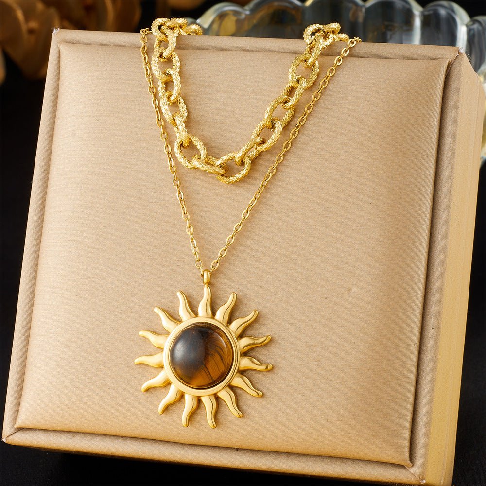 Women's Sun Pendant Double Layer Twin Stainless Steel Metal Necklace - PratSN