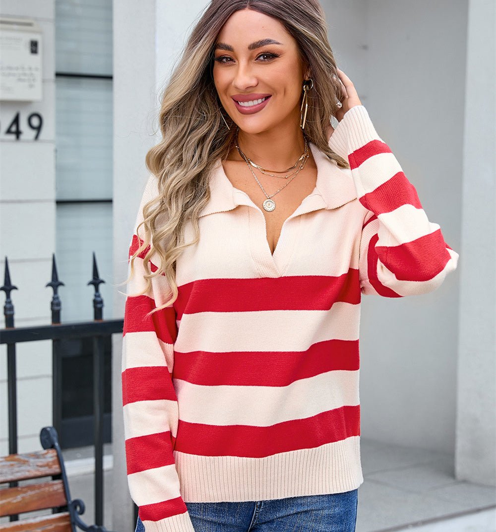 Women's Sweater Striped Stitching PLOL Collar - PratSN