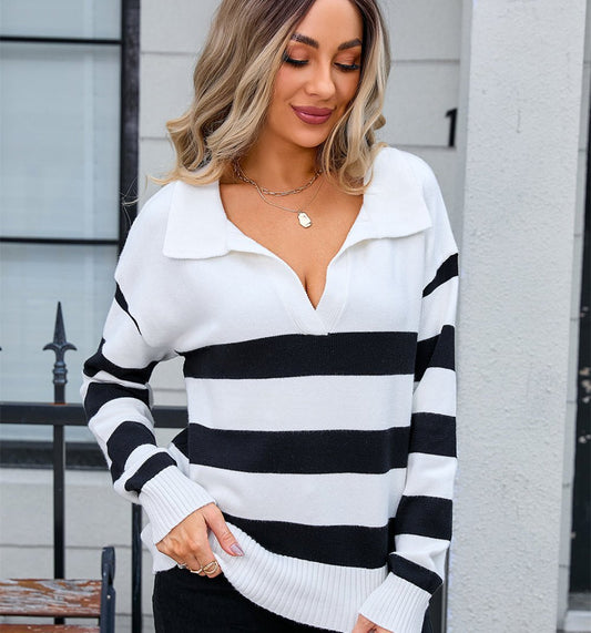 Women's Sweater Striped Stitching PLOL Collar - PratSN