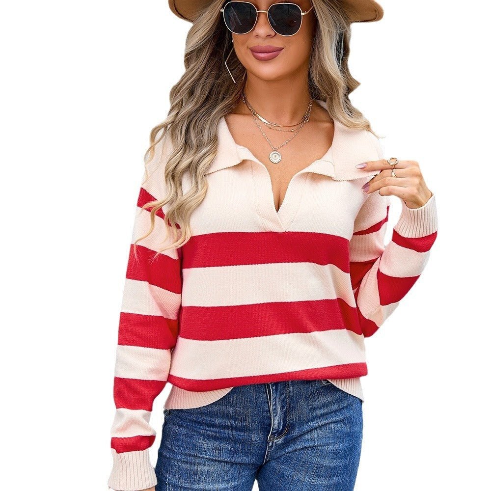 Women's Sweater Striped Stitching PLOL Collar - PratSN