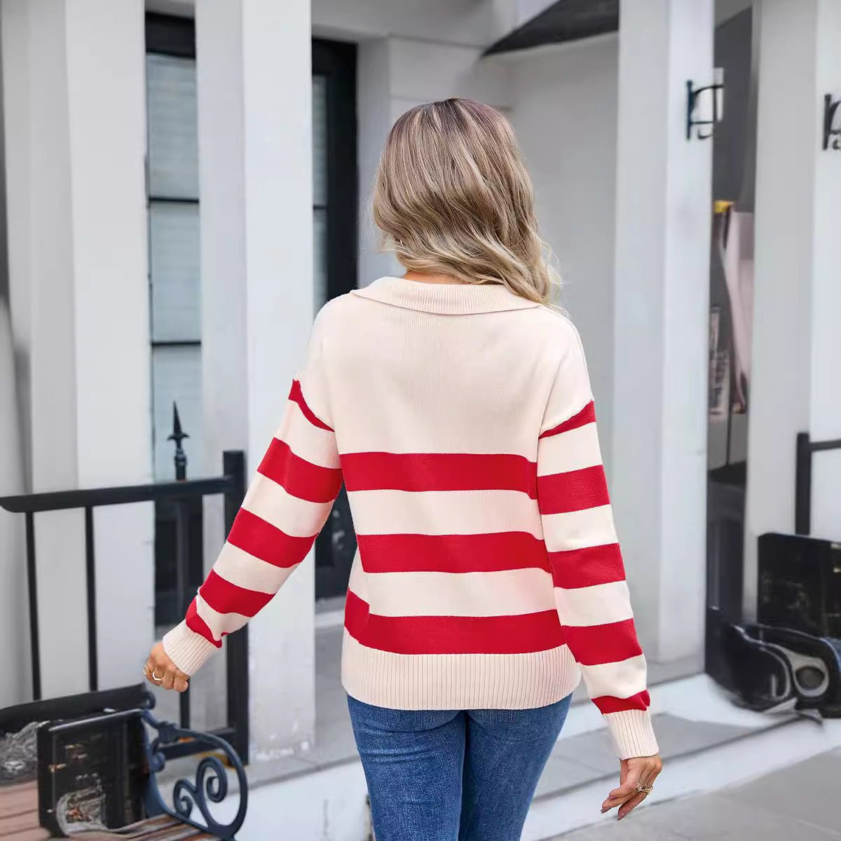 Women's Sweater Striped Stitching PLOL Collar - PratSN
