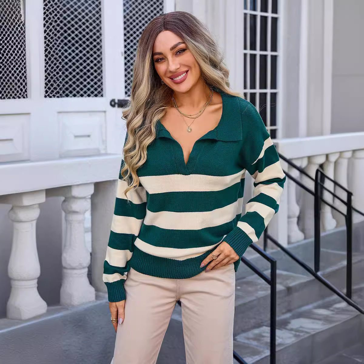 Women's Sweater Striped Stitching PLOL Collar - PratSN