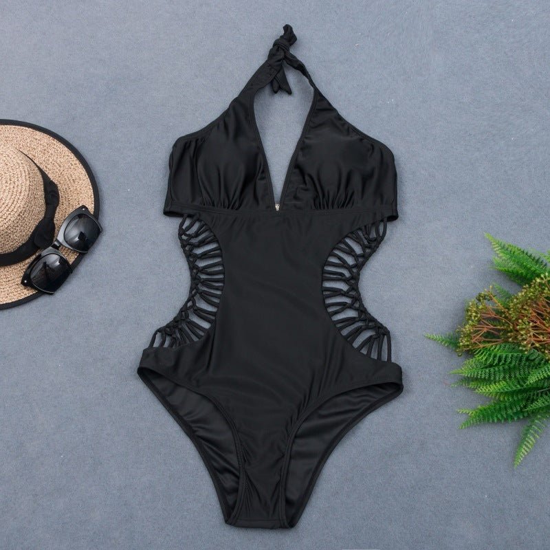 Women's Temperament Fashion Waist Braided Rope Solid Color One - piece Bikini Swimsuit - PratSN