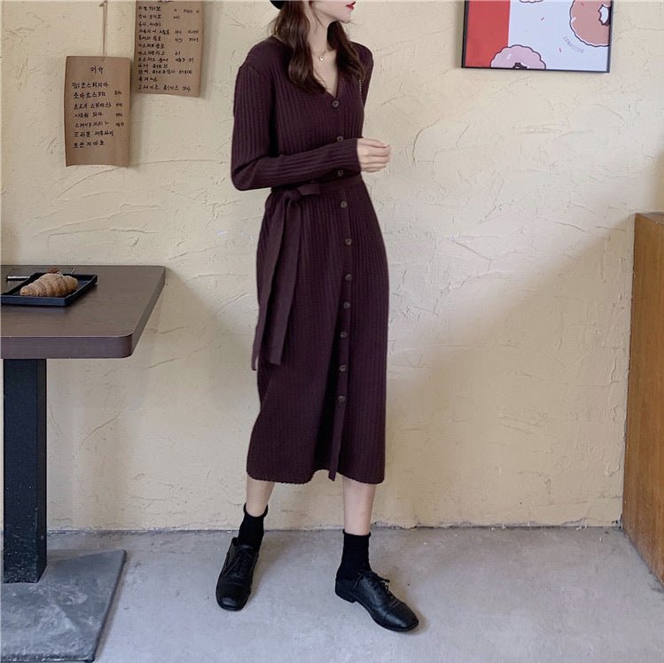 Women's Temperament V - neck Mid - length Solid Color Over - the - knee Knitted Dress - PratSN
