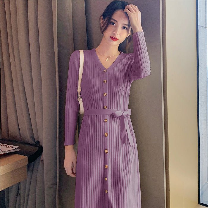 Women's Temperament V - neck Mid - length Solid Color Over - the - knee Knitted Dress - PratSN