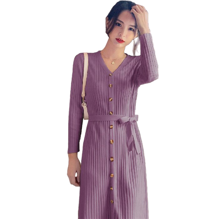 Women's Temperament V - neck Mid - length Solid Color Over - the - knee Knitted Dress - PratSN