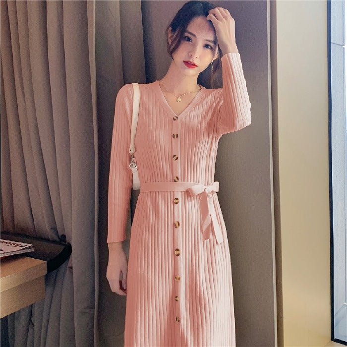 Women's Temperament V - neck Mid - length Solid Color Over - the - knee Knitted Dress - PratSN