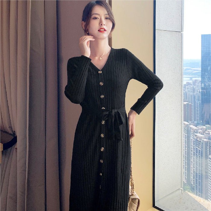Women's Temperament V - neck Mid - length Solid Color Over - the - knee Knitted Dress - PratSN