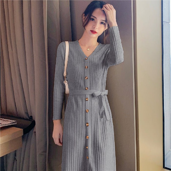 Women's Temperament V - neck Mid - length Solid Color Over - the - knee Knitted Dress - PratSN