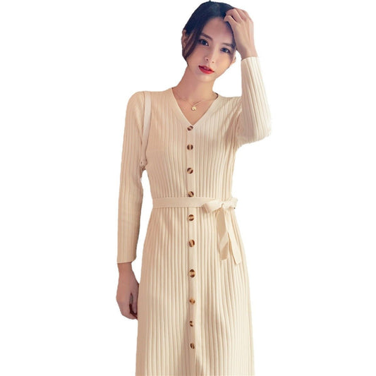 Women's Temperament V - neck Mid - length Solid Color Over - the - knee Knitted Dress - PratSN