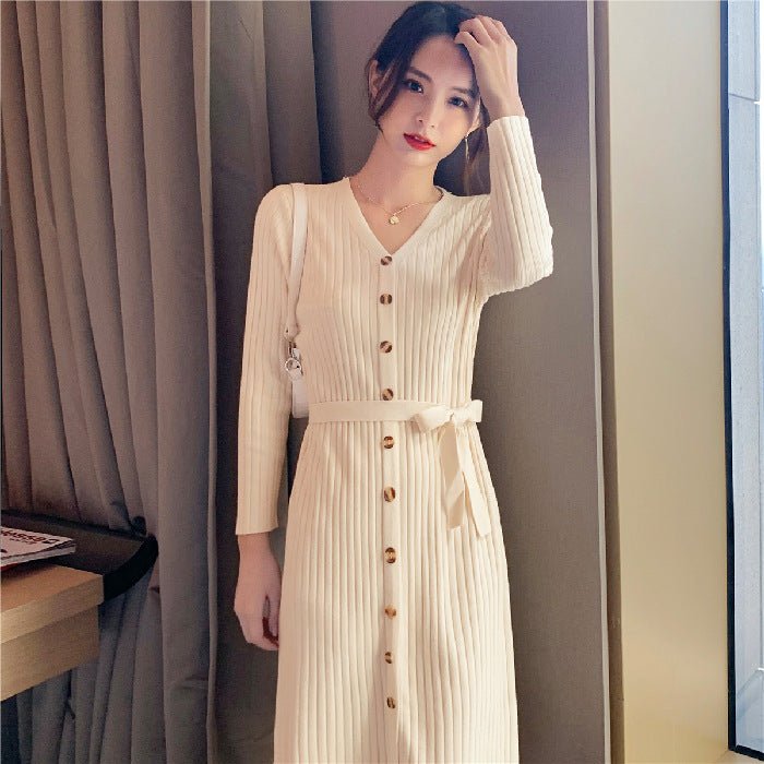 Women's Temperament V - neck Mid - length Solid Color Over - the - knee Knitted Dress - PratSN