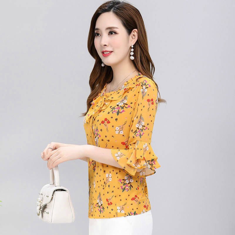 Women's Temperament Western Style Small Floral Chiffon Shirt Plus Size Shirt - PratSN