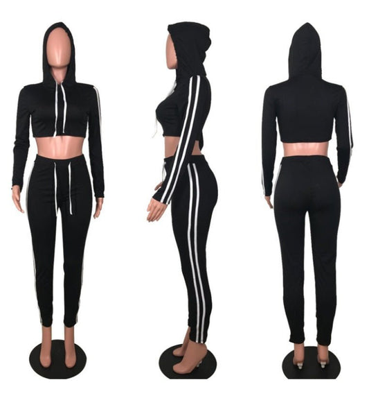 Women's Tracksuit Crop Top Hoodies Sweatshirt Pants Sets Slim Wear Casual Suit - PratSN