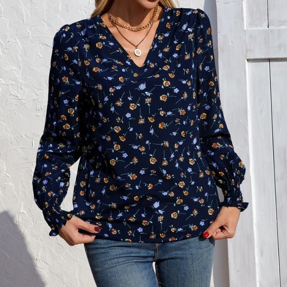 Women's V - neck Floral Long Sleeved Fashionable Shirt Top - PratSN