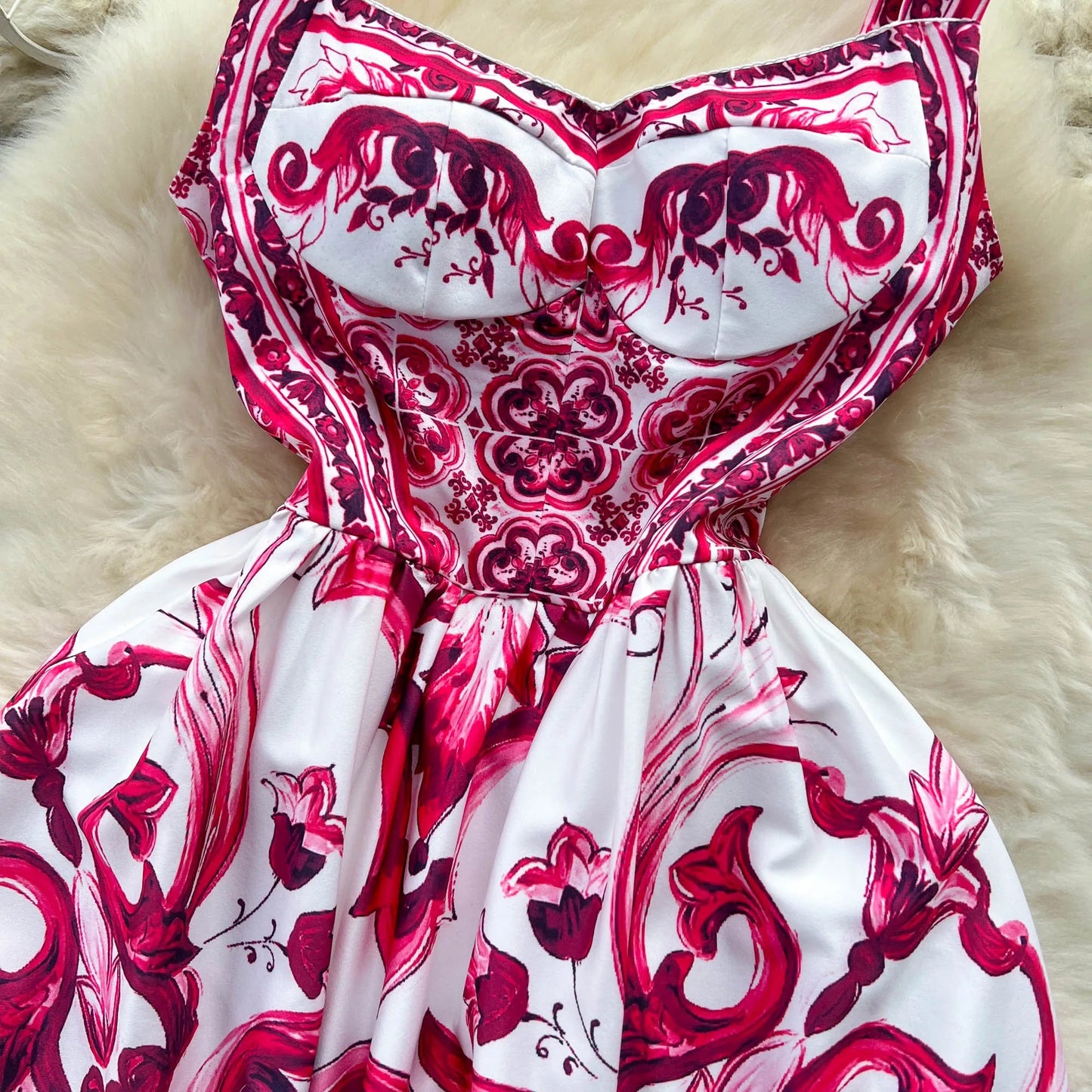 Women's V - Neck Red Blue and White Print Spaghetti Strap Holiday Maxi Dress Summer Runway Floral Print Vacation Long Robes - PratSN