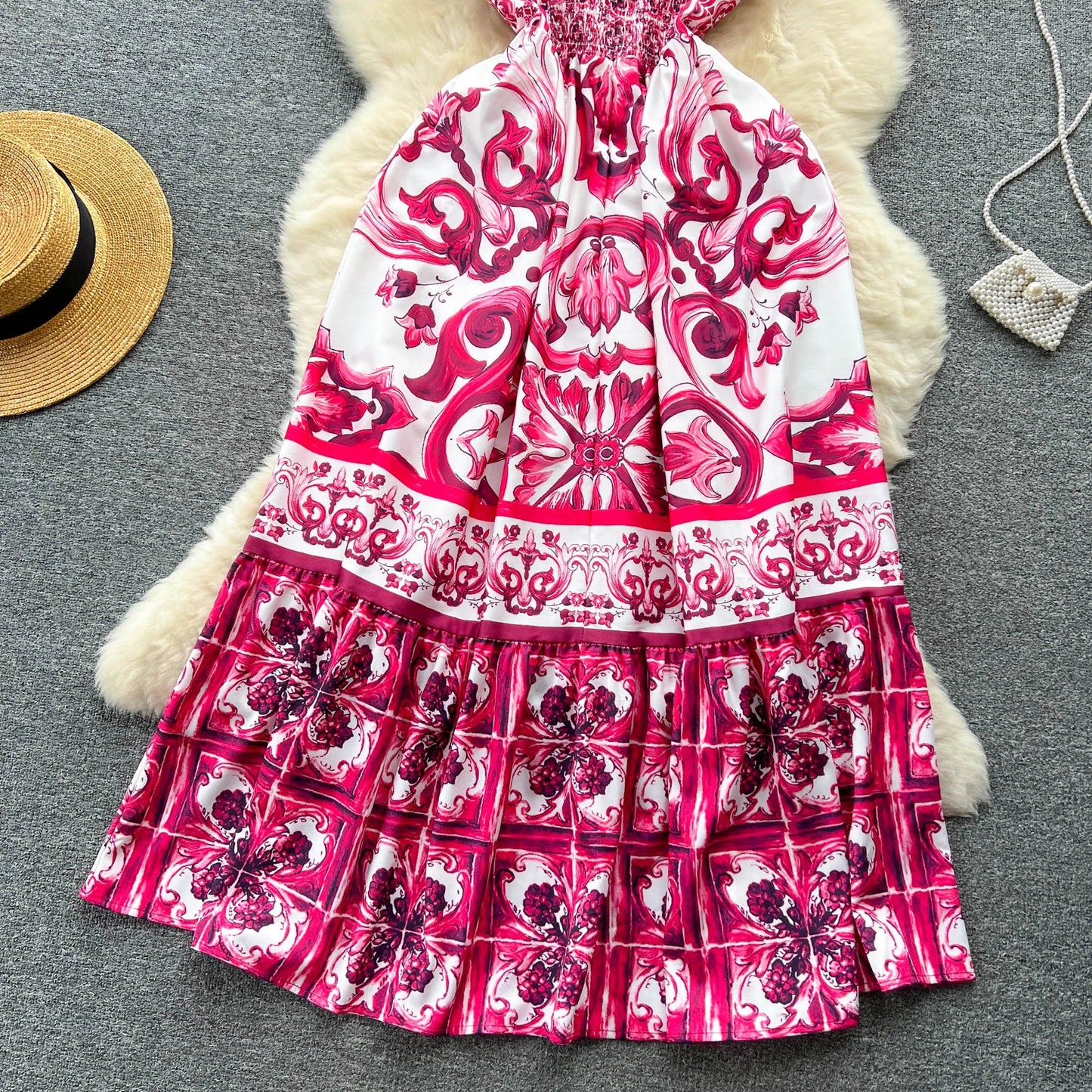 Women's V - Neck Red Blue and White Print Spaghetti Strap Holiday Maxi Dress Summer Runway Floral Print Vacation Long Robes - PratSN