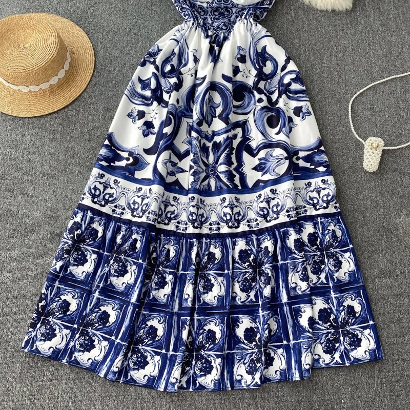 Women's V - Neck Red Blue and White Print Spaghetti Strap Holiday Maxi Dress Summer Runway Floral Print Vacation Long Robes - PratSN