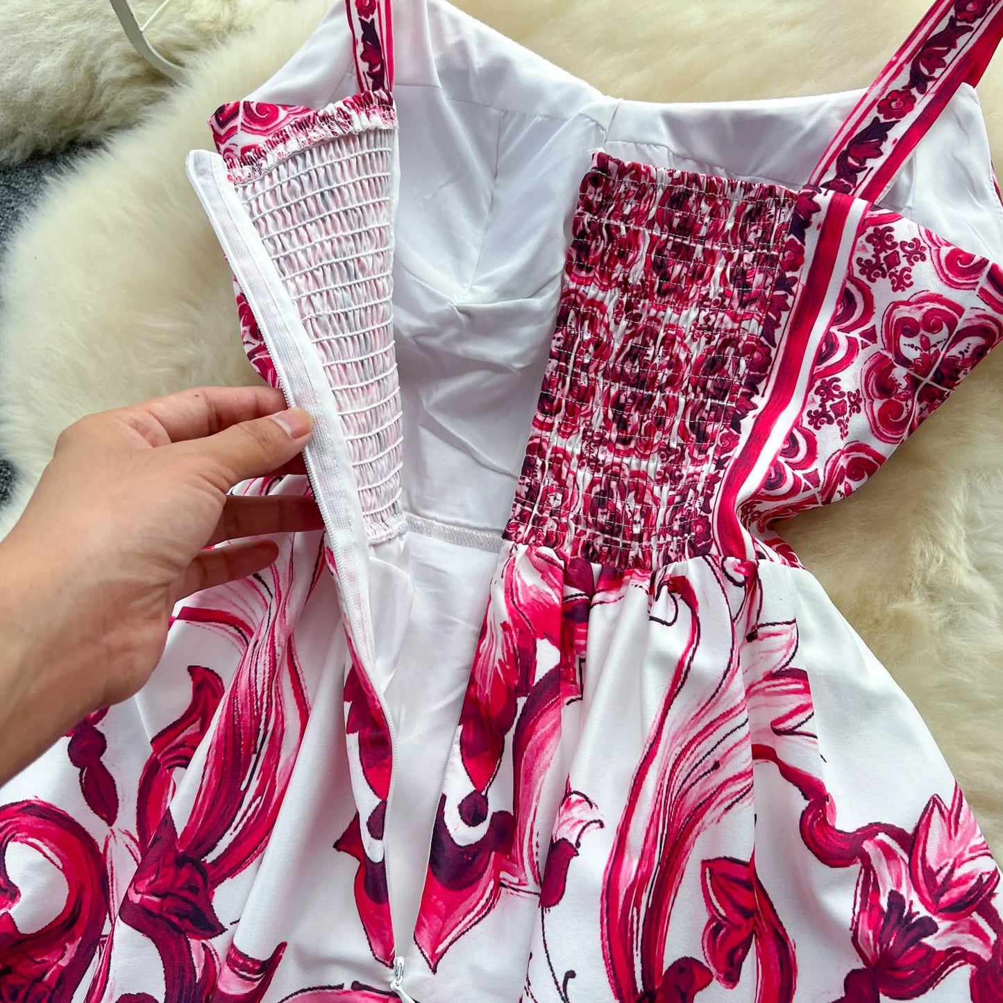 Women's V - Neck Red Blue and White Print Spaghetti Strap Holiday Maxi Dress Summer Runway Floral Print Vacation Long Robes - PratSN