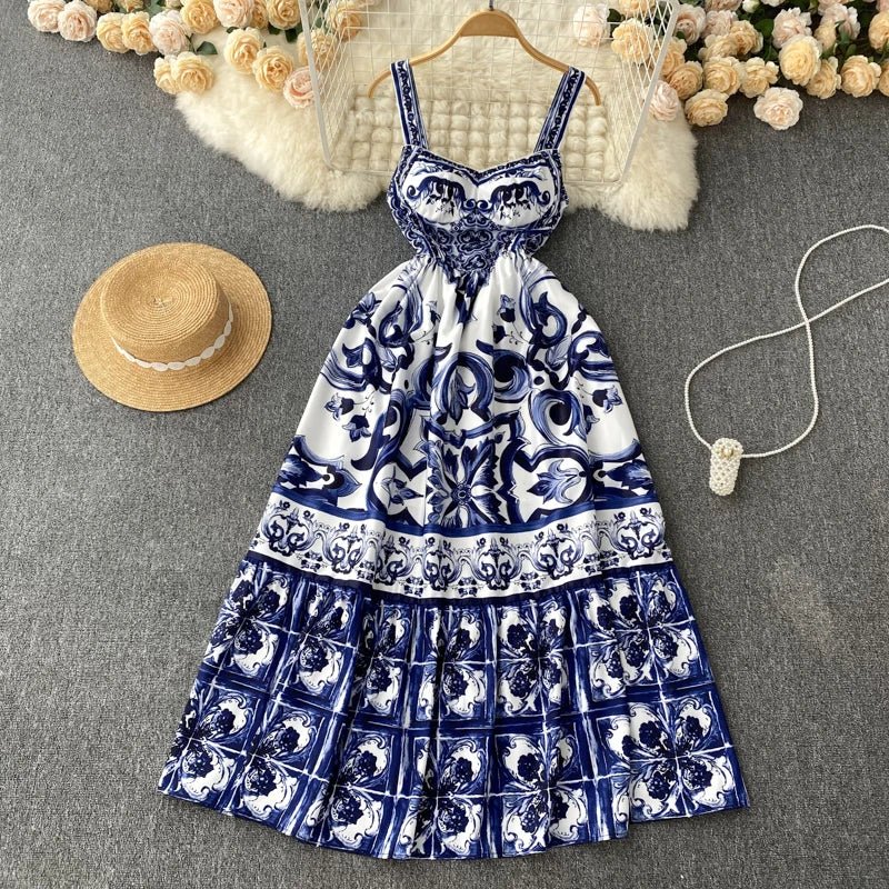 Women's V - Neck Red Blue and White Print Spaghetti Strap Holiday Maxi Dress Summer Runway Floral Print Vacation Long Robes - PratSN