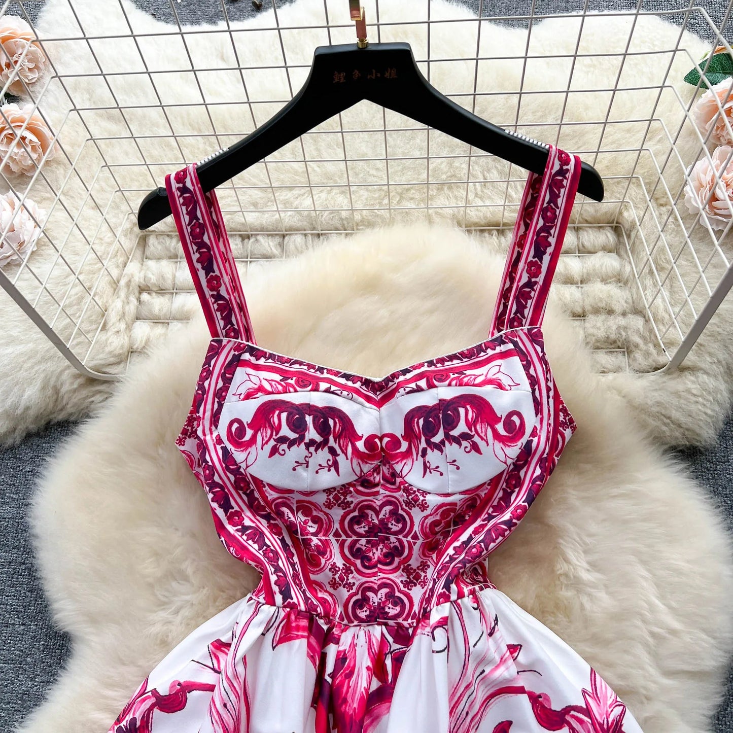 Women's V - Neck Red Blue and White Print Spaghetti Strap Holiday Maxi Dress Summer Runway Floral Print Vacation Long Robes - PratSN